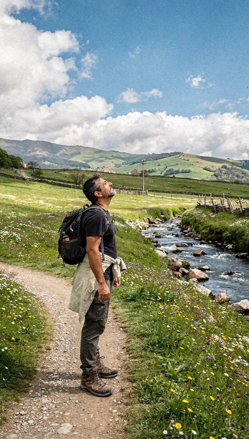 Imagen de viajeros disfrutando de un atardecer en una costa española tranquila.